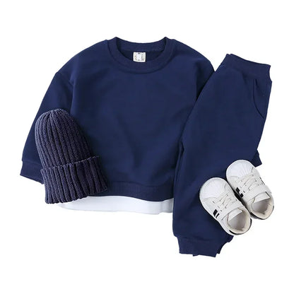 2PCS Kids Clothes Set for 1-7Y - Solid Cotton Pullover Sweatshirt & Pants, Long Sleeve Autumn Outfits for Boys & Girls
