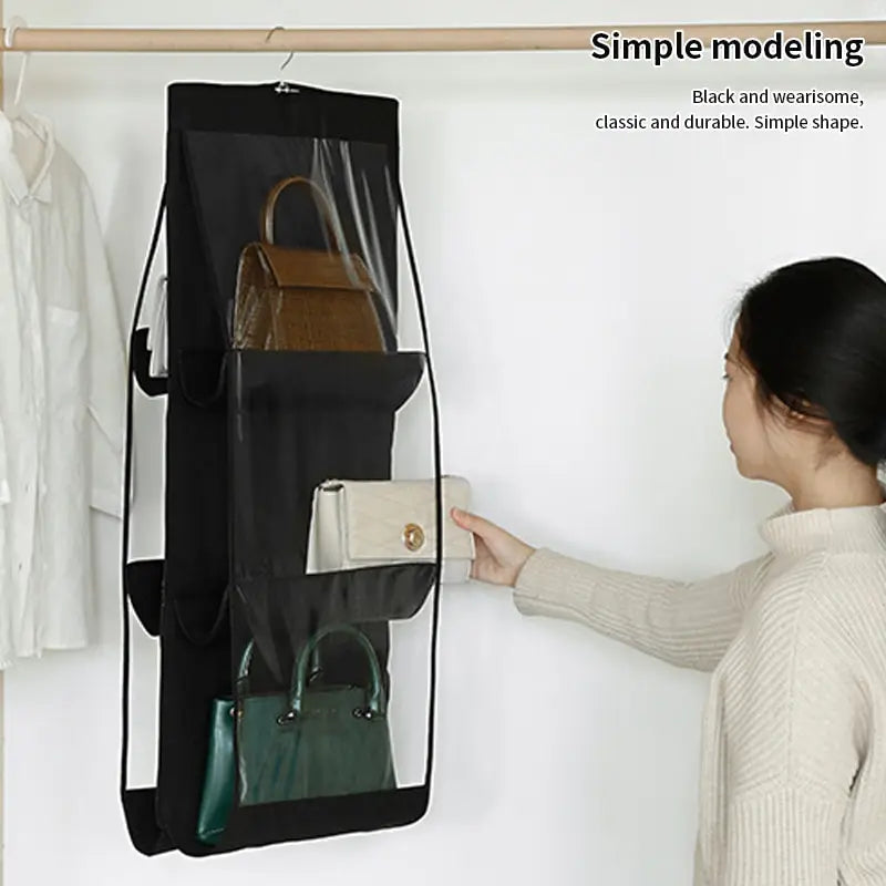 Black Handbag Hanging Organizer – 6 Pocket Foldable Oxford Cloth Storage Bag for Closet and Bedroom