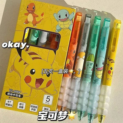 5PCS Pokemon Gel Pens – Pikachu, Charmander & Squirtle Cute Anime Cartoon Stationery for School & Holiday Gifts