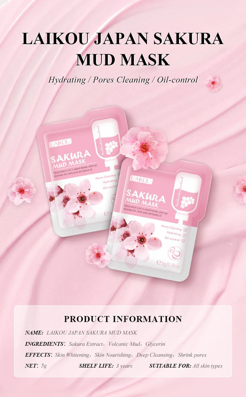 50pcs LAIKOU Sakura Mud Facial Masks – Moisturizing, Anti-Aging, Anti-Acne Deep Cleansing Skincare Face Mask