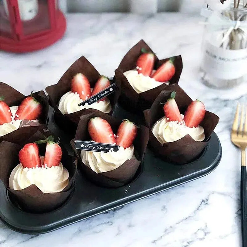 50PCS Tulip Baking Cups – Disposable Oil-Proof Paper Cup Trays for Cakes, Muffins & Bread
