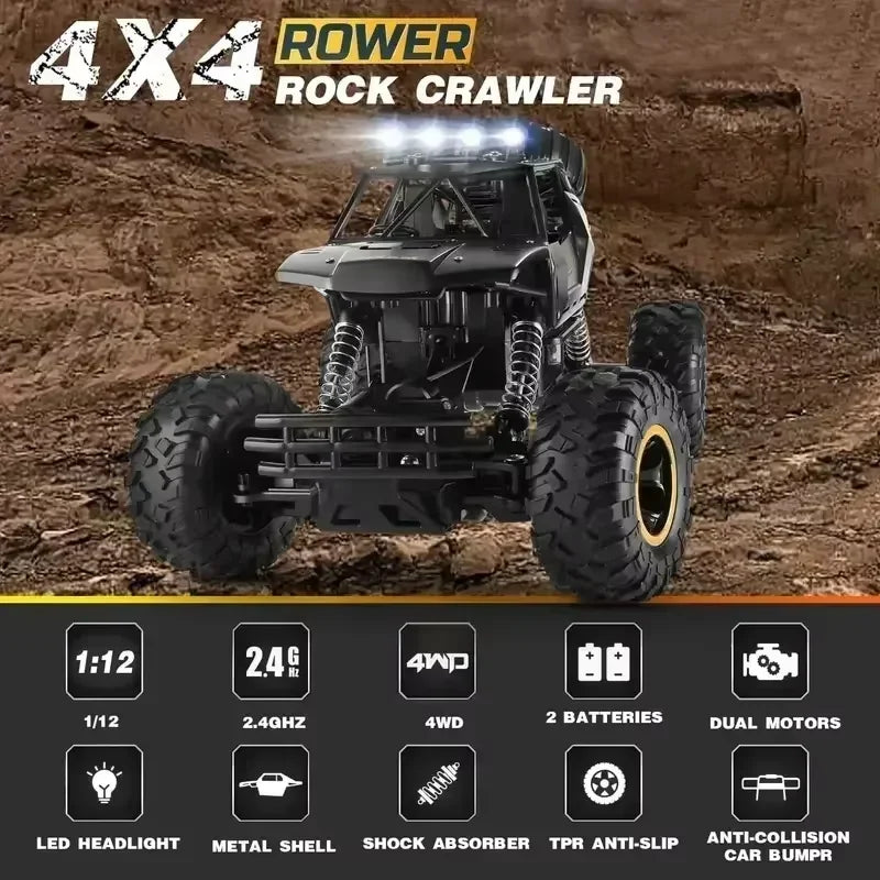 1:12/16 RC Off-Road Truck – 4WD Remote Control Car with Metal Shell & LED Lights for Kids