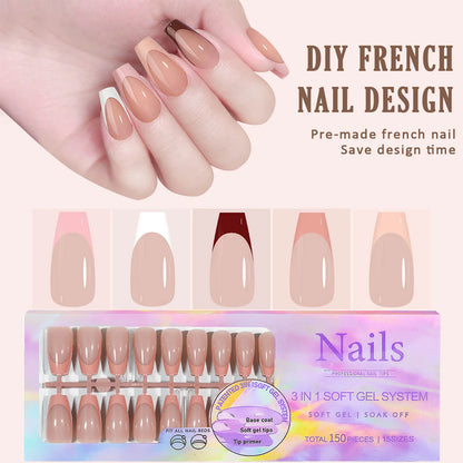 150PCS Press On Fake Nails - 6 Color Multi-Size Almond Acrylic Nails with French Style Removable Design