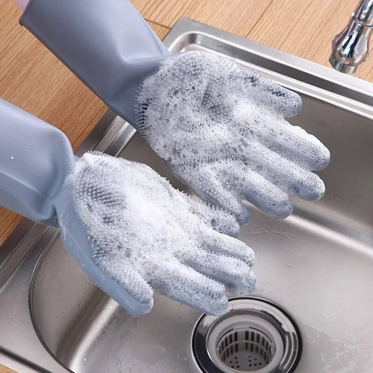 Magic Silicone Rubber Dishwashing Gloves - Household Kitchen Cleaning Tools with Built-in Sponge Scrubber - Durable and Versatile Cleaning Gloves