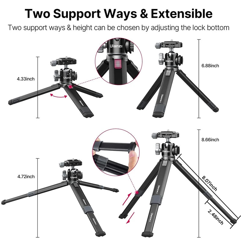 Ulanzi MT-24 Vlog Lite Metal Tripod – Extendable Monopod with Ballhead, Cold Shoe, Arca Quick Release, 1/4" Mount, 2.5KG Max Load