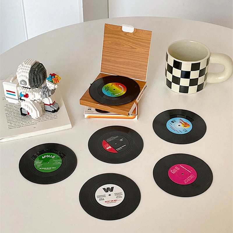 2/4/6PCS Retro Vinyl Record Drink Coasters | Anti-Slip Heat Resistant Mug Mats | Music-Themed Coffee Table Placemats Decor