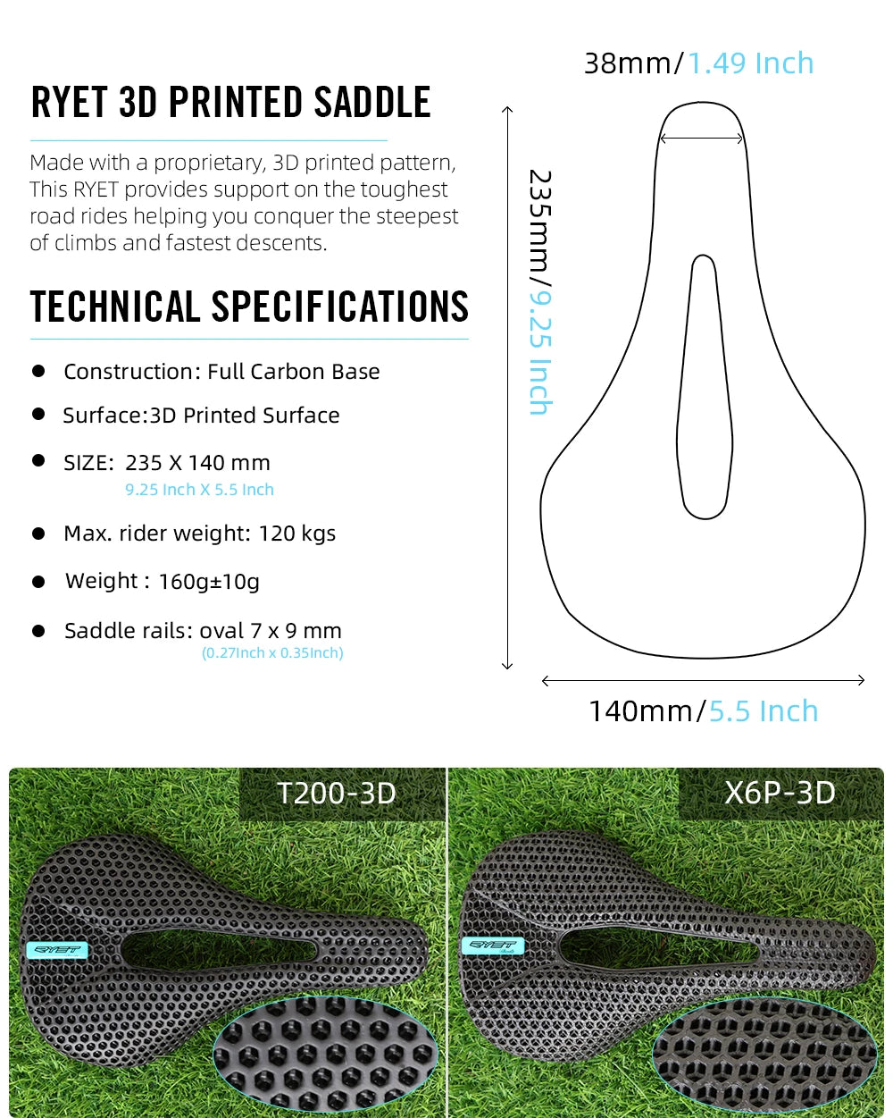 RYET 3D Printed Carbon Bike Saddle — 140/143mm Lightweight Road & MTB Cycling Seat with EVA Cushion
