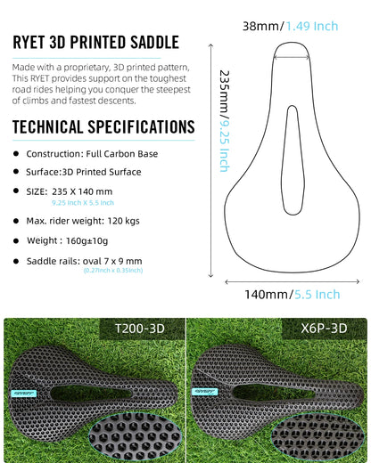 RYET 3D Printed Carbon Bike Saddle — 140/143mm Lightweight Road & MTB Cycling Seat with EVA Cushion