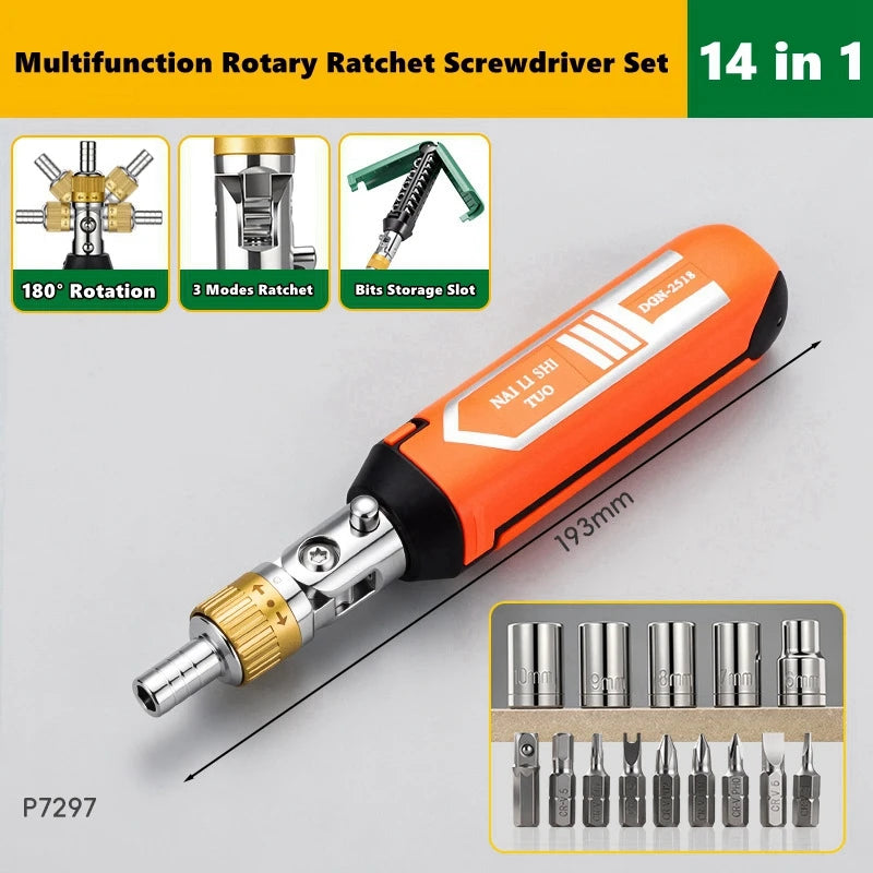 14-in-1 Rotary Ratchet Screwdriver Set - Magnetic Torx & Phillips Bits for Motor Repair and DIY Projects