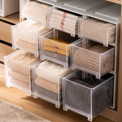 Wardrobe Storage Box – High-Capacity Transparent Stackable Drawer Container for Household Organization
