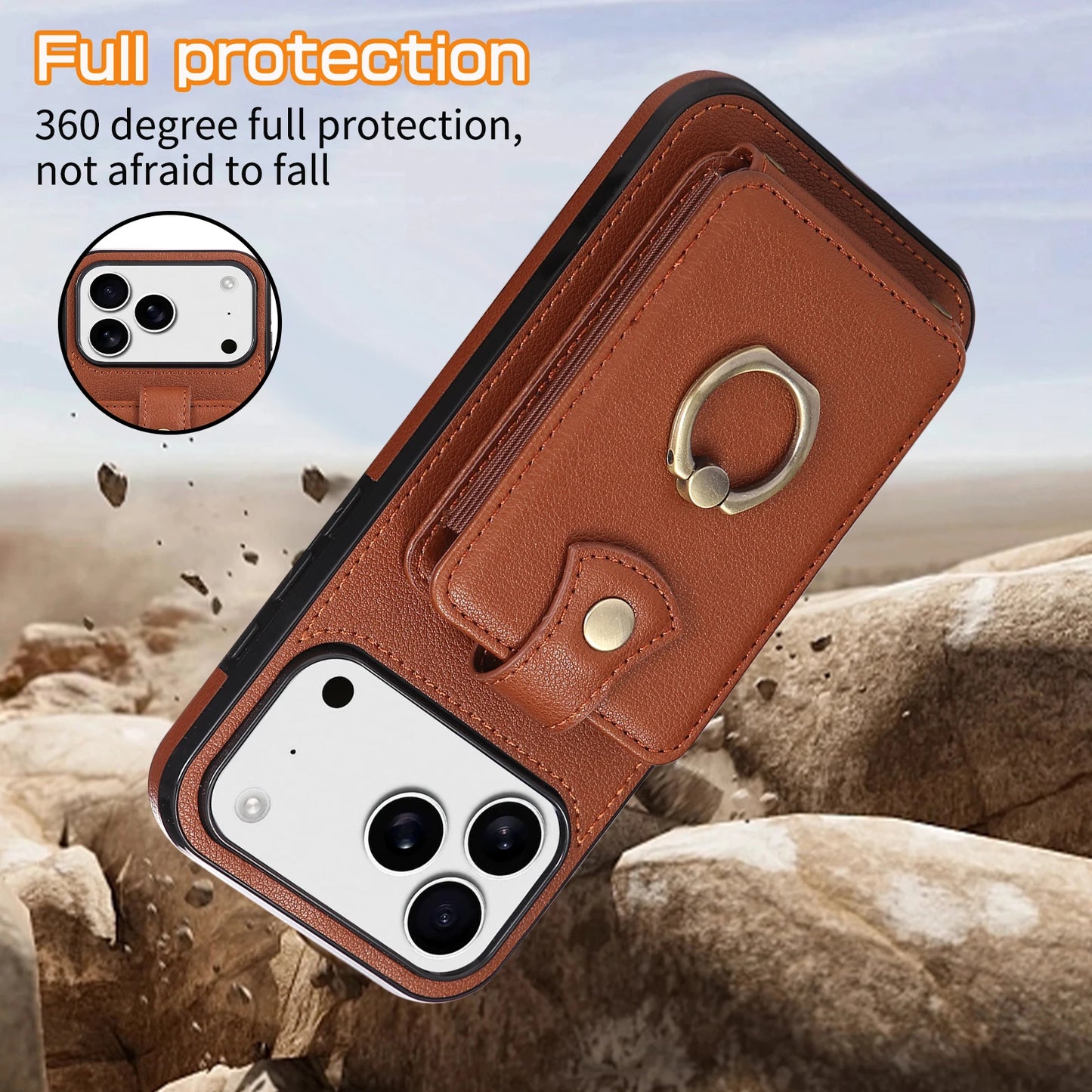 Leather Crossbody Wallet Phone Case with Zipper Card Slots – Lanyard Ring Holder Cover for iPhone 17/16/15/14/13/12/11 Pro Max & Plus