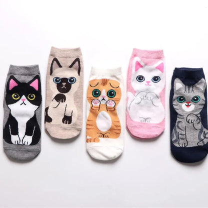 5 Pairs Women's Cute Cartoon Cat Ankle Socks - Breathable & Stylish for Everyday Wear