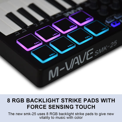 M-VAVE 25 Key MIDI Control Keyboard – Portable USB, Velocity-Sensitive Keys, 8 RGB Pads, 8 Knobs
