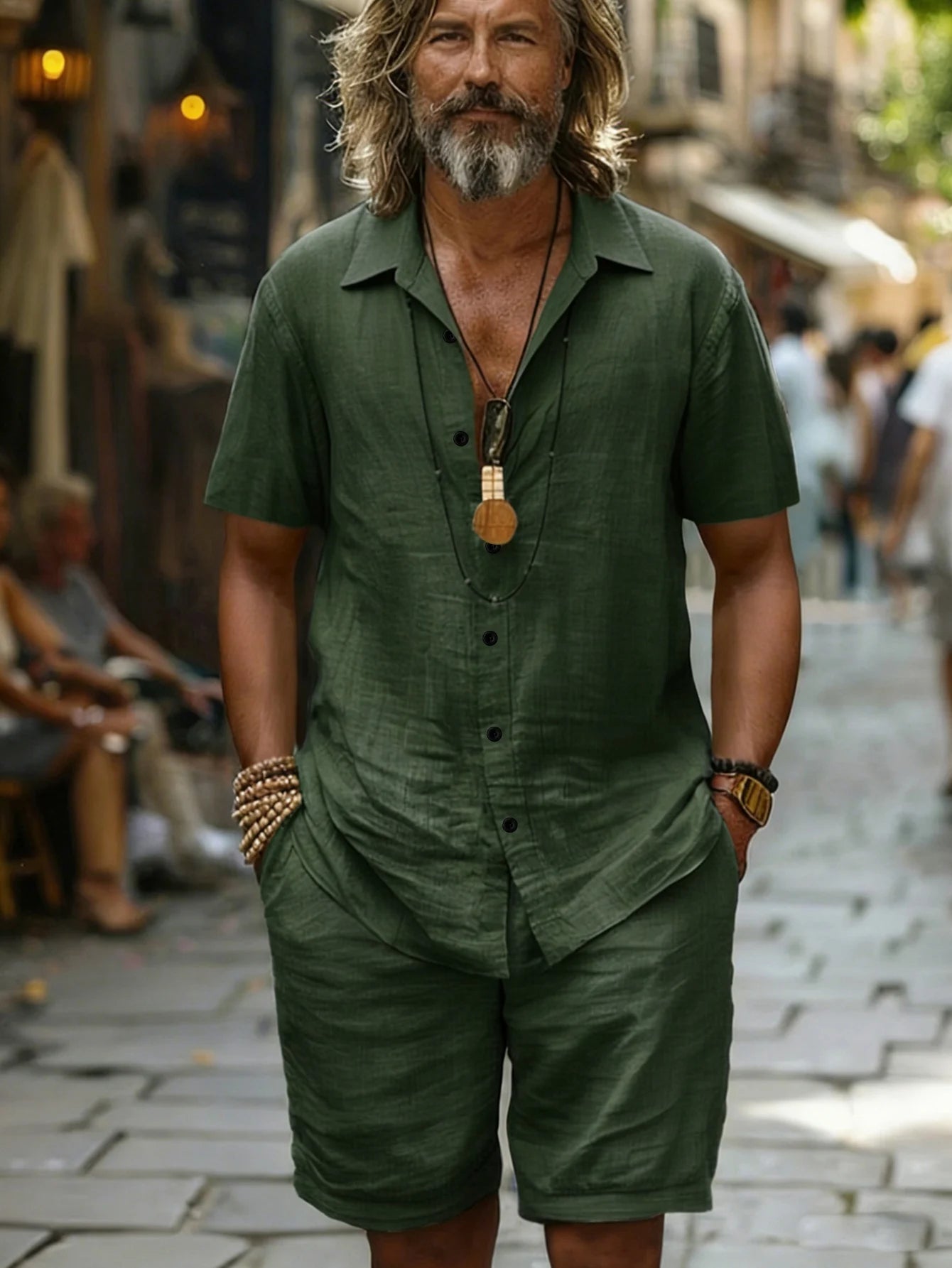 Men’s Cotton Shirt & Shorts Set - Short Sleeve Loose Fit Summer Beach Casual Two Piece Outfit