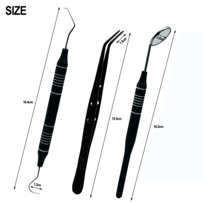 3pcs Dental Mouth Mirror Tweezers & Curved Probe Kit – Stainless Steel Oral Cleaning Instruments