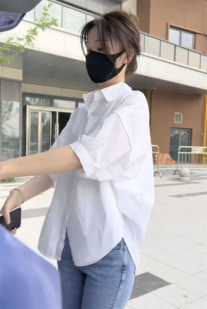 2025 Women’s Cotton Mid-Sleeve Loose Blouse – Casual Irregular Summer Shirt Korean Fashion