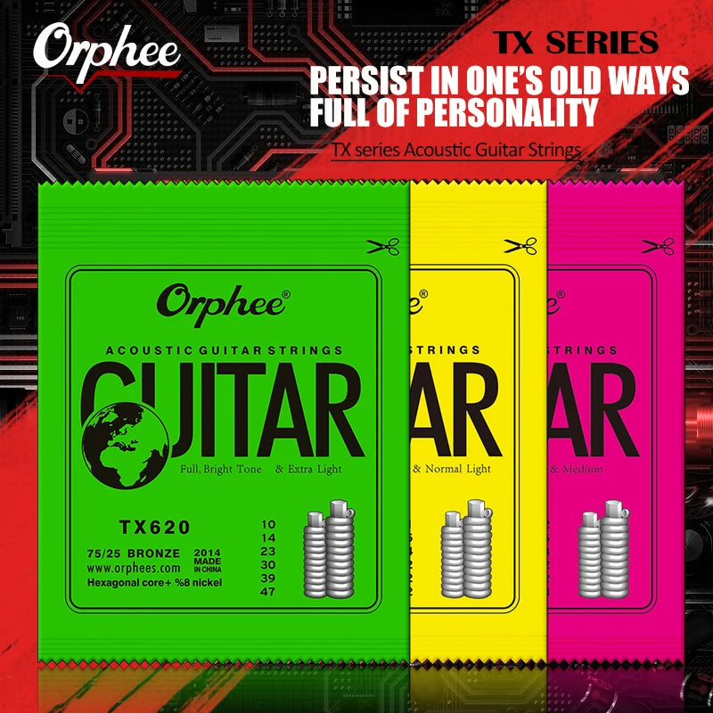 Orphee Acoustic Guitar Strings – 6Pcs/Set, Hexagonal Core, Full Bright Tone, TX620/TX630/TX640, Folk Guitar Accessories