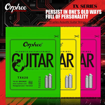 Orphee Acoustic Guitar Strings – 6Pcs/Set, Hexagonal Core, Full Bright Tone, TX620/TX630/TX640, Folk Guitar Accessories