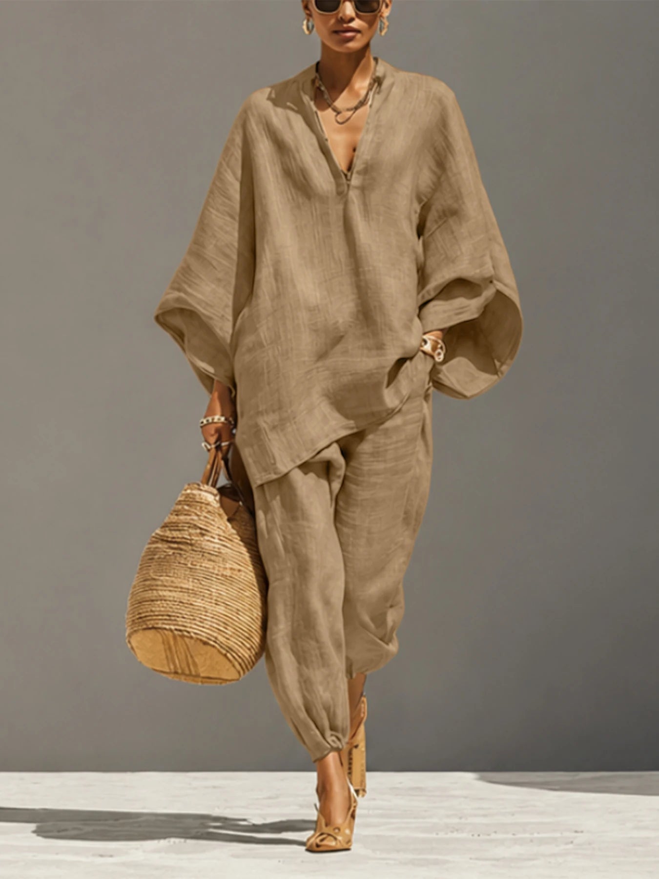 Women’s Linen Casual Set - Summer Loose Deep V-Neck Batwing Sleeve Nine-Piece Solid Color Outfit