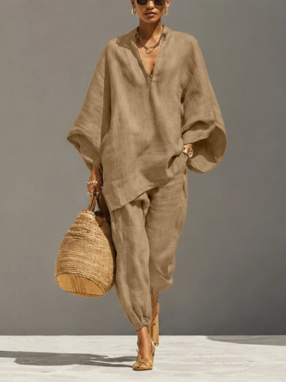 Women’s Linen Casual Set - Summer Loose Deep V-Neck Batwing Sleeve Nine-Piece Solid Color Outfit