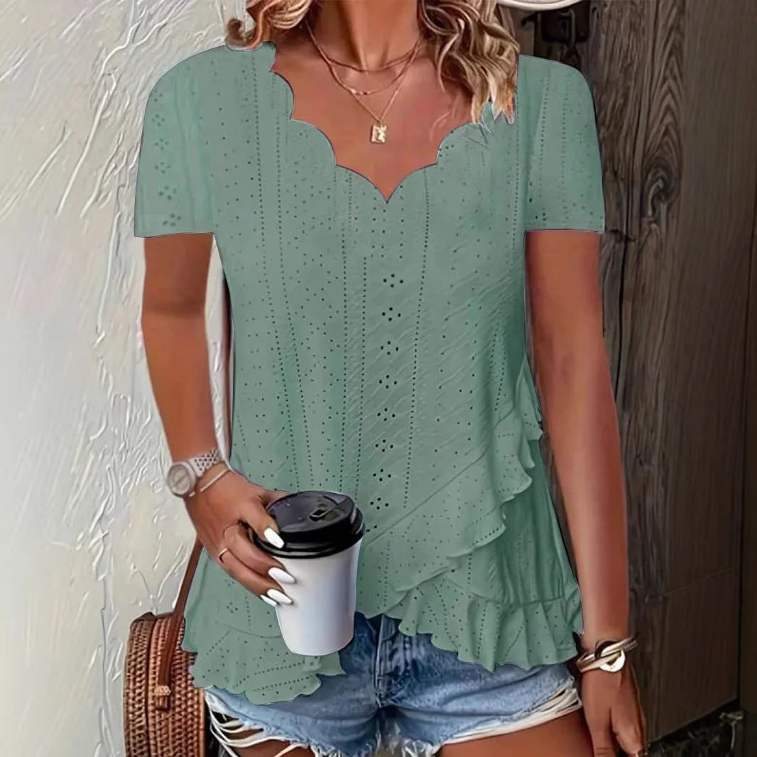 Women’s Summer 2025 Fashion Blouse – Loose Ruffle Hollow-Out V-Neck Short Sleeve Top, Casual Solid Color Shirt