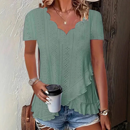 Women’s Summer 2025 Fashion Blouse – Loose Ruffle Hollow-Out V-Neck Short Sleeve Top, Casual Solid Color Shirt