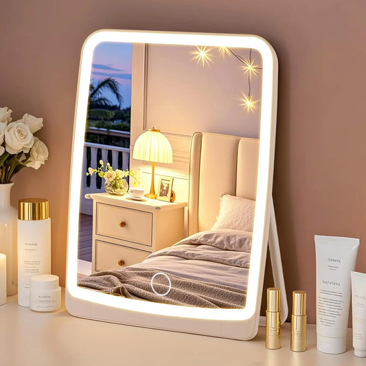 LED Compact Rechargeable Makeup Mirror – Dimmable Touchscreen with 3-Color Lighting, Lighted Travel & Tabletop Cosmetic Mirror