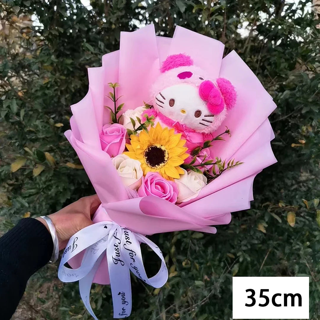 Hello Kitty Plush Bouquet — Anime Rose Soap Flowers for Wedding & Home Decor