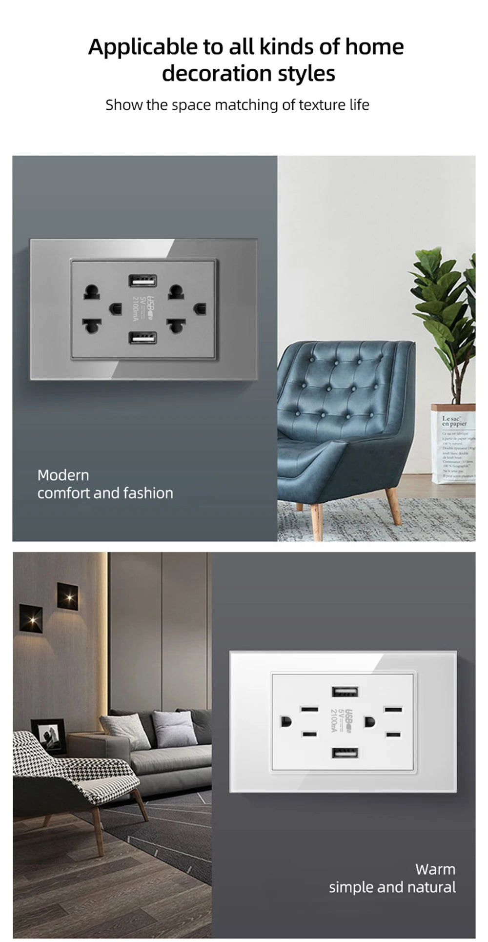 Herepow 118 Series Dual USB Wall Socket - Thailand & American Standard Smart Plug Adapter with Type-C 3.1A Fast Charging