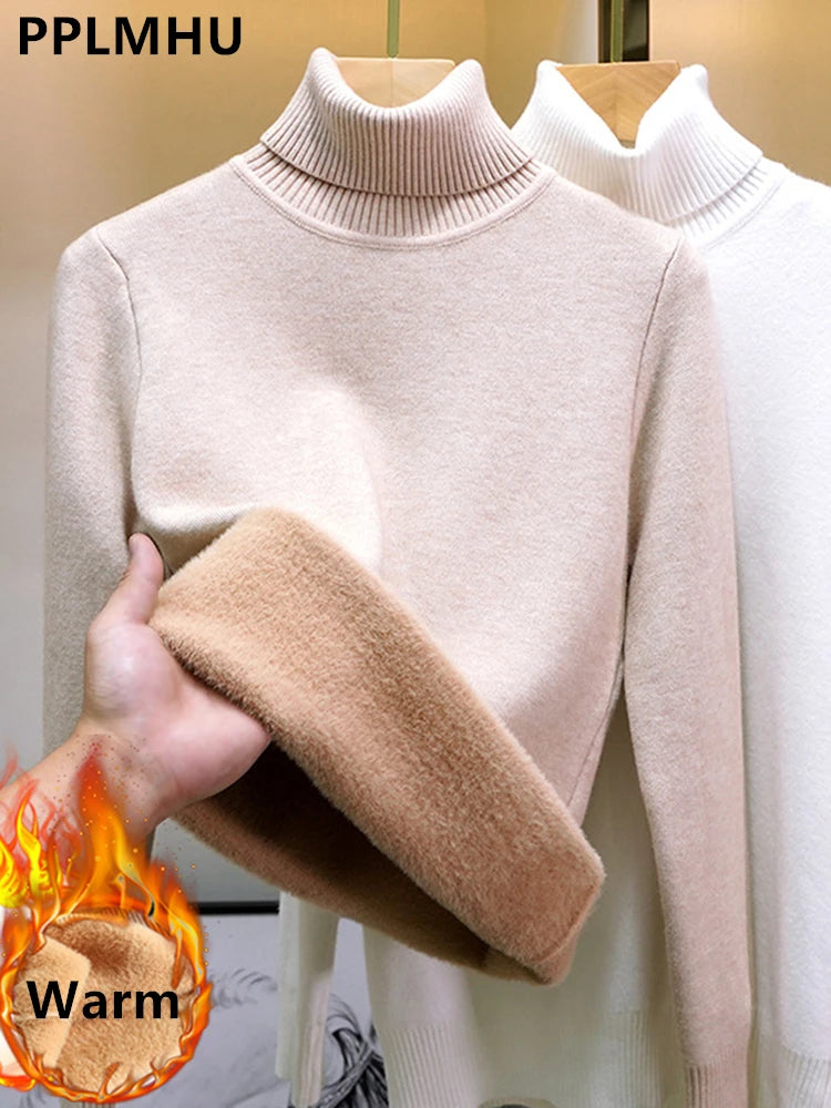 Elegant Turtleneck Winter Sweater for Women - Thick Velvet-Lined Warm Knit Pullover - Slim Fit Jersey Knitwear Jumper
