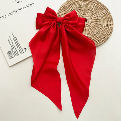 Ladies Satin Oversized Ribbon Bow Hair Clip – White, Pink, Red, Blue, Black, Long Tail Spring Clip for Ponytail Hair Accessories
