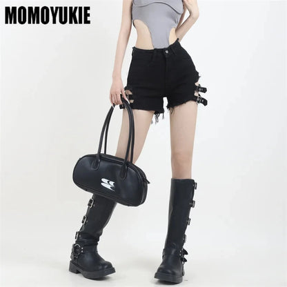 Vintage Harajuku Denim Shorts - Women's High Waist Irregular Goth Rock Style Slim Fit Summer Shorts