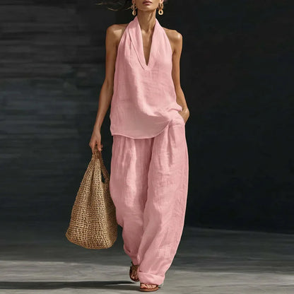 2026 Women’s Spring Retro Cotton Linen Set – Elegant V-Neck Sleeveless Top & Wide-Leg Trousers Summer Outfit