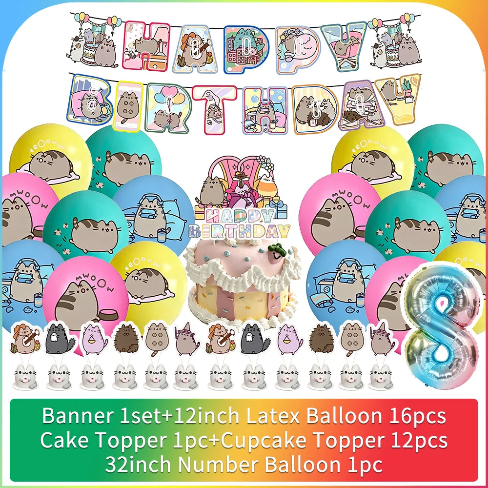 Cute Cat Birthday Party Decorations - Kawaii Balloon Set, Cake Toppers, Bunting Banner, and Party Backdrop Supplies