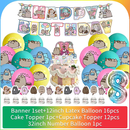 Cute Cat Birthday Party Decorations - Kawaii Balloon Set, Cake Toppers, Bunting Banner, and Party Backdrop Supplies