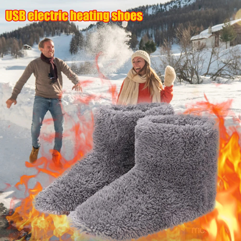 USB Electric Heated Shoes – Men & Women Winter Warm Snow Boots, Plush Electric Slippers & Foot Warmer House Shoes