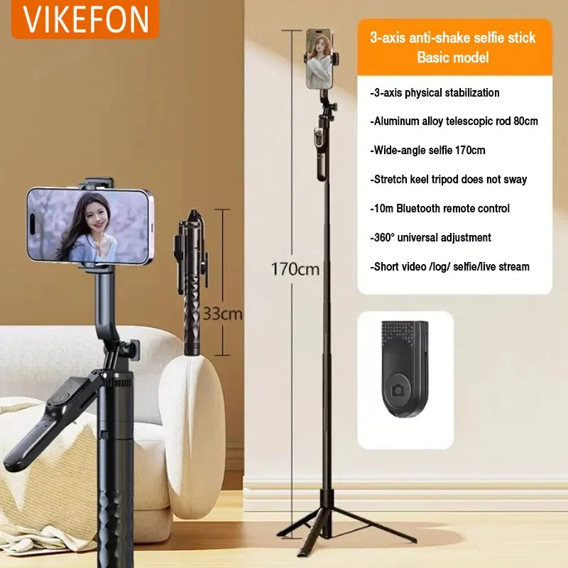3-Axis Anti-Shake Selfie Stick with Bluetooth Remote – Retractable 1.7m Mobile Phone Holder with Flash & Live Stand