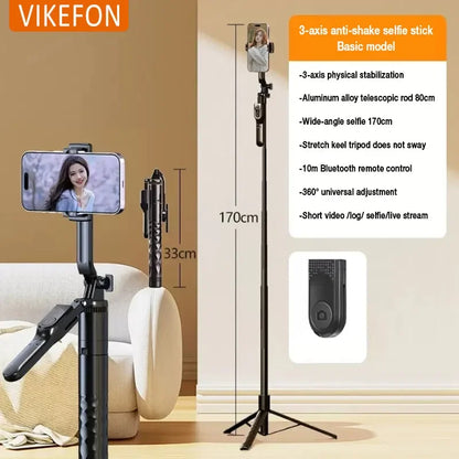 3-Axis Anti-Shake Selfie Stick with Bluetooth Remote – Retractable 1.7m Mobile Phone Holder with Flash & Live Stand
