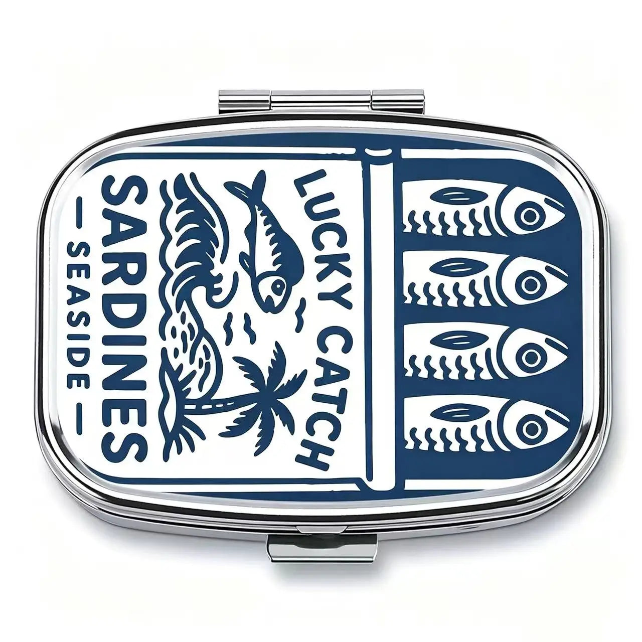 Lucky Catch Sardines Metal Pill Box - Portable 2-Compartment Travel Organizer for Pills & Vitamins