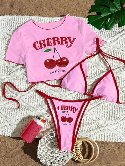 2026 Women’s Printed Mesh Bikini Set – Sexy 3-Piece Split Swimsuit Top Beachwear Swimwear