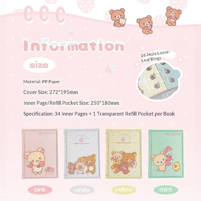Rosyposy Korilakkuma Strawberry B5 Notebook - Cute Soft-Cover Loose-Leaf Journal for Study, Writing and Note-Taking