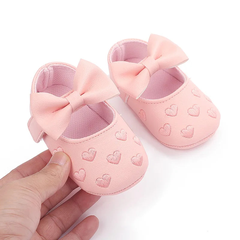 Baby Girls Shoes - Classic Dress Style with Cute Bow-Knot Heart, Anti-Slip Soft Sole First Walkers for Infants 0-18m