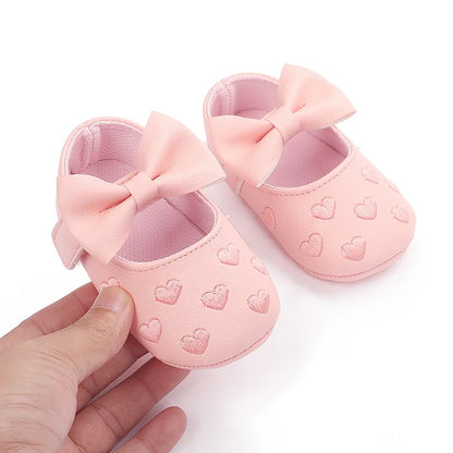 Baby Girls Shoes - Classic Dress Style with Cute Bow-Knot Heart, Anti-Slip Soft Sole First Walkers for Infants 0-18m