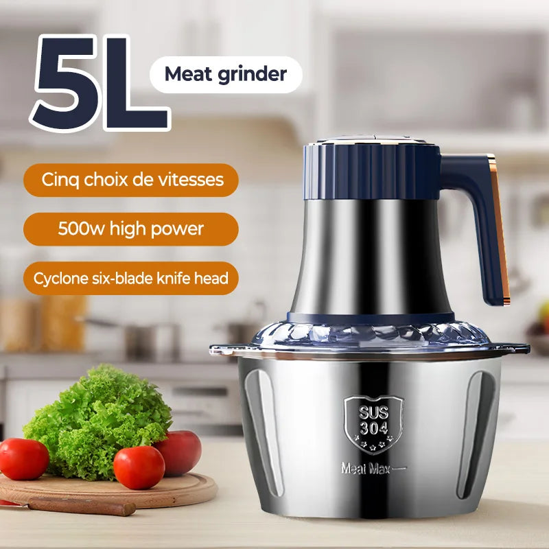Electric Meat Grinder | 5L Food Crusher & Stainless Steel Vegetable Slicer - Multifunctional Kitchen Appliance