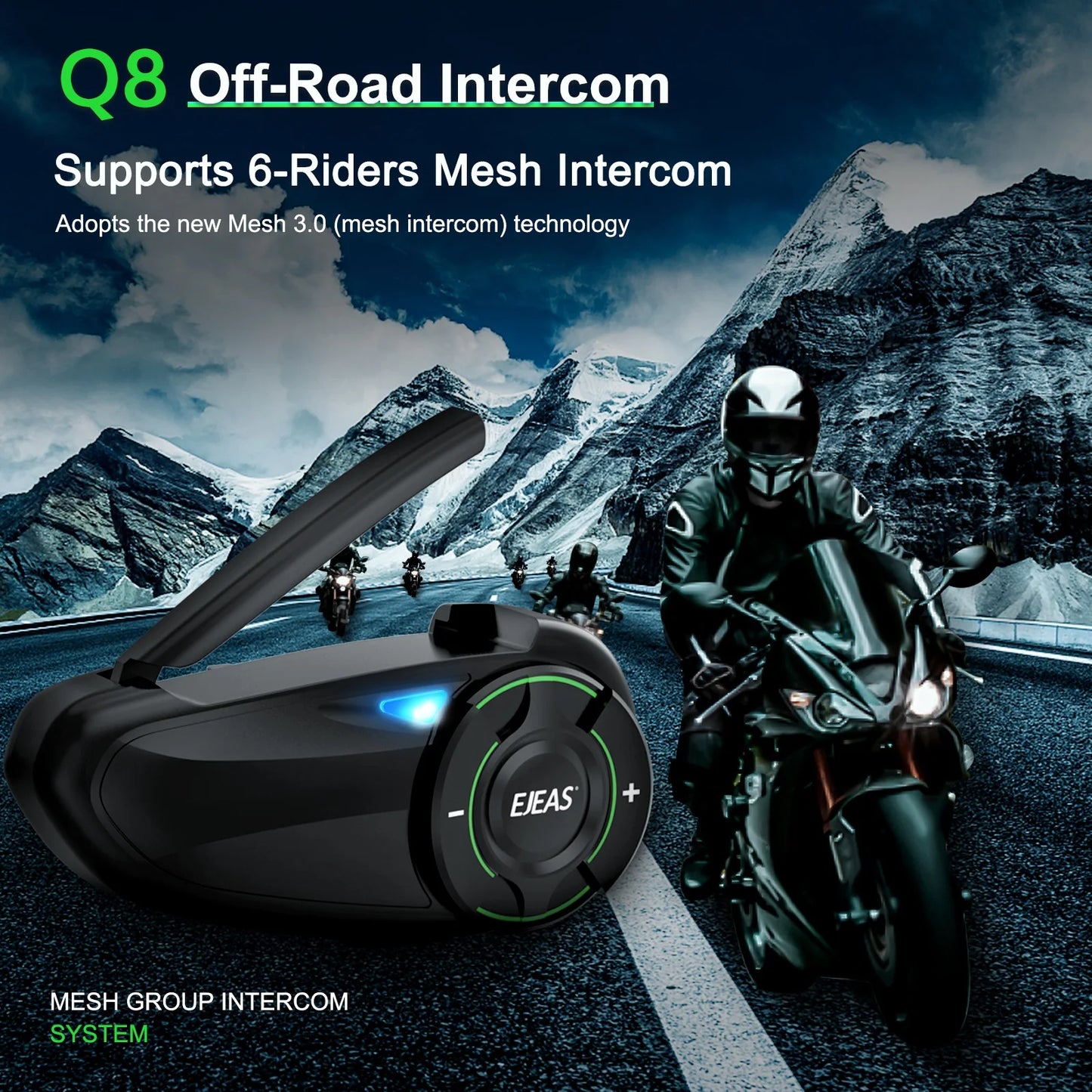 EJEAS Q8 Motorcycle Mesh Intercom – Bluetooth 5.1 Headset with EUC Remote Walkie Talkie for 6 Riders