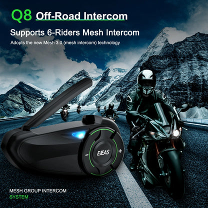 EJEAS Q8 Motorcycle Mesh Intercom – Bluetooth 5.1 Headset with EUC Remote Walkie Talkie for 6 Riders