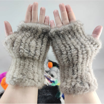 Women’s Winter Mink Fur Gloves – 100% Natural Fingerless Knitted Mittens for Warmth