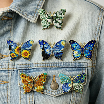 6-Piece Vintage Enamel Butterfly and Sunflower Pin Set - Artistic Lapel Brooches for Clothing, Backpacks and Gifts for Friends