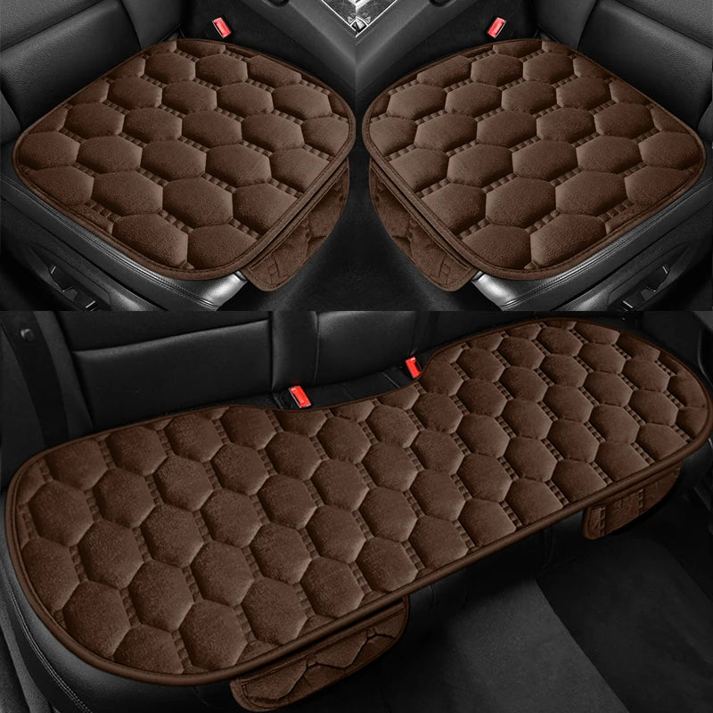 Winter Plush Car Seat Cushion Set - Warm Anti-Slip Grid Seat and Backrest Covers, 3-Piece Set for Cold Weather Comfort