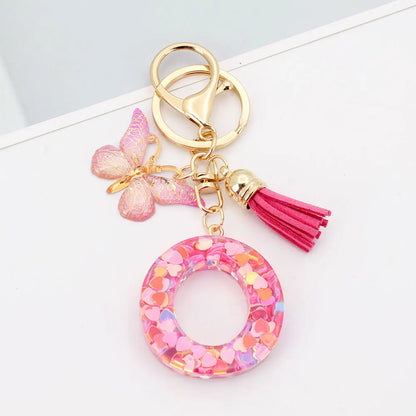 A-Z Letter Acrylic Keychain - Pink Butterfly Tassel Bag Charm & Key Ring